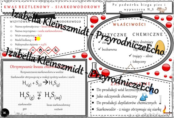 Sketchnotka - notatka „Kwasy beztlenowe – kwas siarkowodorowy” wykonana w power point do edycji. Chemia 7 lub 8, „Kwasy”