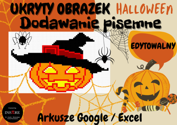 Dynia Halloween Dodawanie Pisemne – UKRYTY OBRAZEK w Arkuszach Google, Excelu (edytowalny).