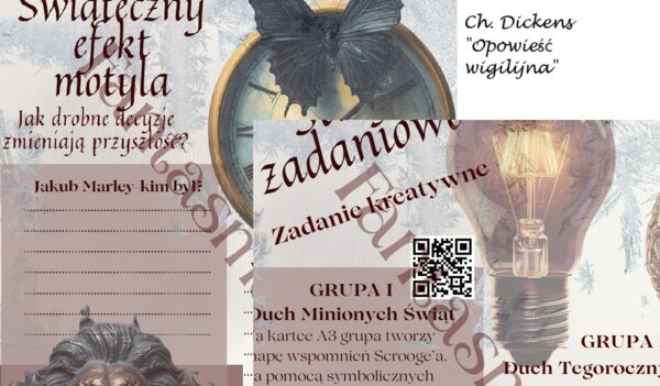 Karty pracy do lekcji na temat "Opowieści wigilijnej" Ch. Dickensa. Stacje zadaniowe. Odpowiedzi w kodach QR