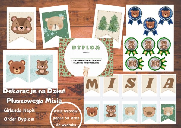 Pakiet dekoracji na Dzień Pluszowego Misia (napis, girlanda, dyplom, order)