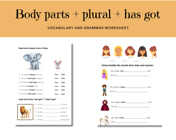 Karta Pracy, Części ciała, Body Parts, Liczba mnoga i Zaimki He/ She oraz zworty has got/ hasn't got/ Has ... got ?