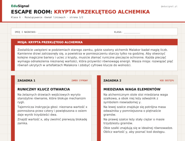 Na zakończenie roku: Escape Room — Krypta Przeklętego Alchemika | Równania liniowe | Klasa 6