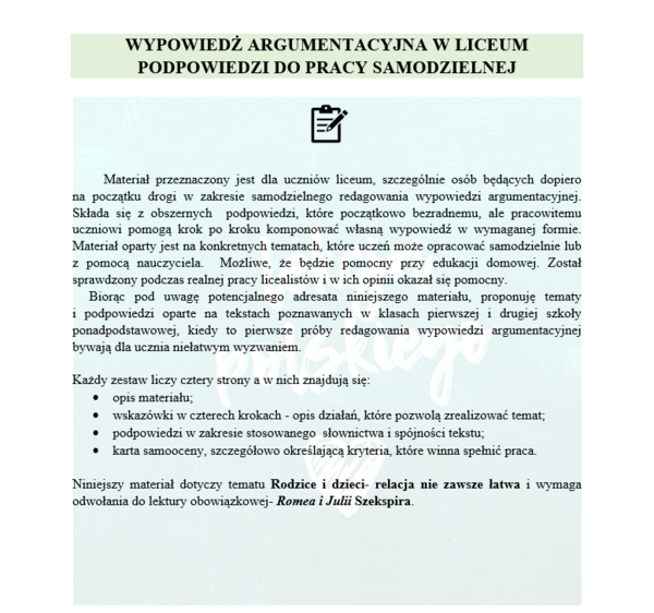 WYPOWIEDŹ ARGUMENTACYJNA W SZKOLE PONADPODSTAWOWEJ KROK PO KROKU
