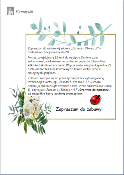 "Ja mam... kto ma...?" wiosenna gra - dodawanie i odejmowanie do 20