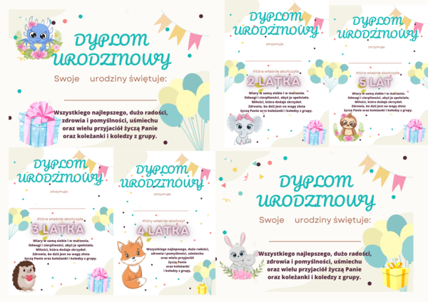 min 25 sztuk słodkich dyplomów urodzinowych - do samodzielnego uzupełnienia PDF