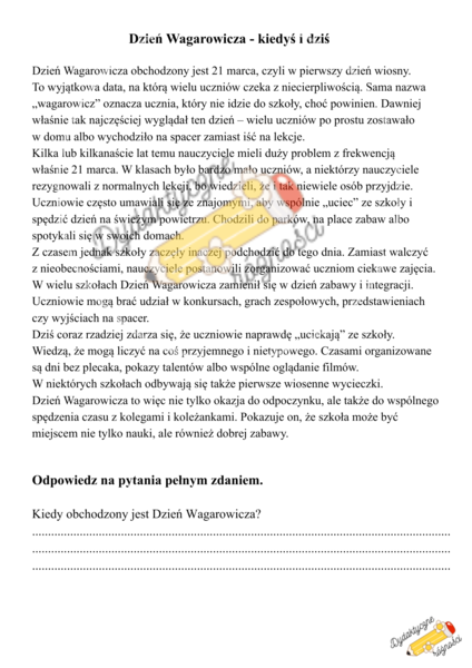 Dzień Wagarowicza dawniej i dziś - czytanie ze zrozumieniem dla uczniów klas 4-6 (godzina wychowawcza).