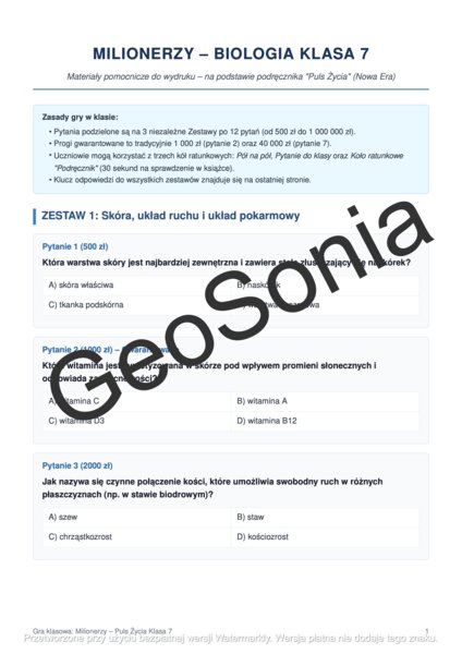 Gra Milionerzy biologia klasa 7 koniec roku podsumowanie