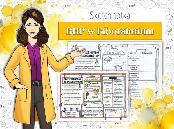 Chemia. Klasa 7. Bezpieczeństwo w laboratorium. BHP. Sketchnotka/notatka graficzna. Karta pracy. Zadanie.