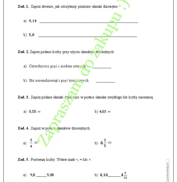 Zapisywanie, zamiana i porównywanie ułamków dziesiętnych - szybka kartkówka, karta pracy.