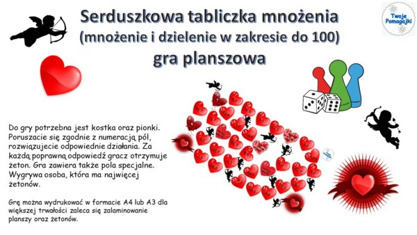 💕❤Serduszkowa tabliczka mnożenia (mnożenie i dzielenie do 100) gra planszowa walentynki
