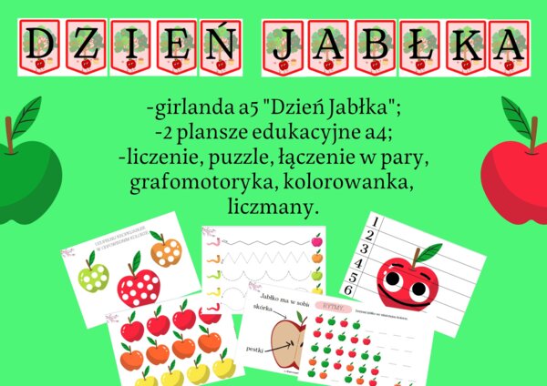 Dzień Jabłka - girlanda, karty pracy, plansze, liczmany