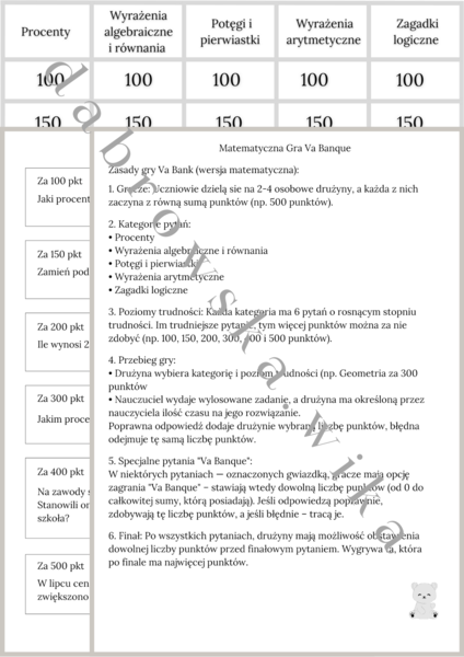 Matematyczna Gra Va Banque - wersja dla starszych klas