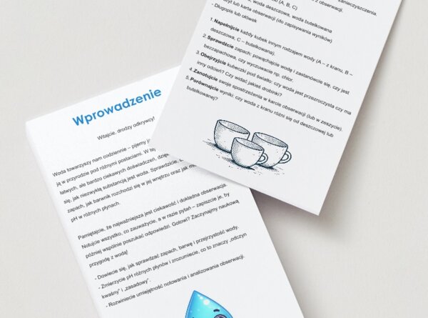 Zestaw do doświadczeń z wodą. Instrukcje. Karty obserwacji. Czy woda z kranu ma zapach? Odczyn próbek.