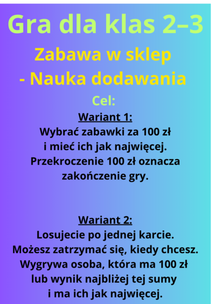 GRA  - dodawanie pieniędzy w zakresie 100 - dla klasy 2 i 3