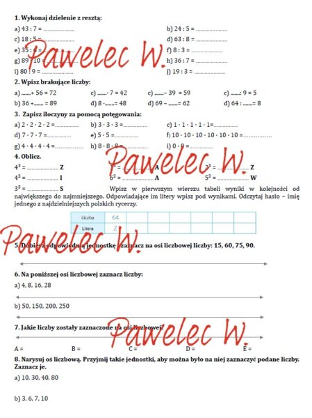 Kolejność wykonywania działań, potęgowanie, dzielenie z resztą, oś liczbowa - sprawdzian, kartkówka, karta pracy kl 5
