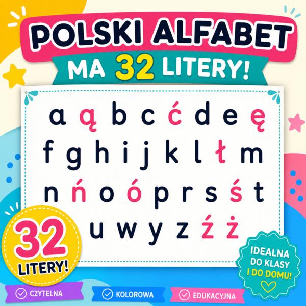 Plansza. Polski alfabet ma 32 litery. [W świecie liter i głosek] [Zamieńmy słowo 4]