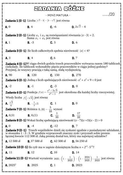 Mini matura. Matematyka. Zadania różne.