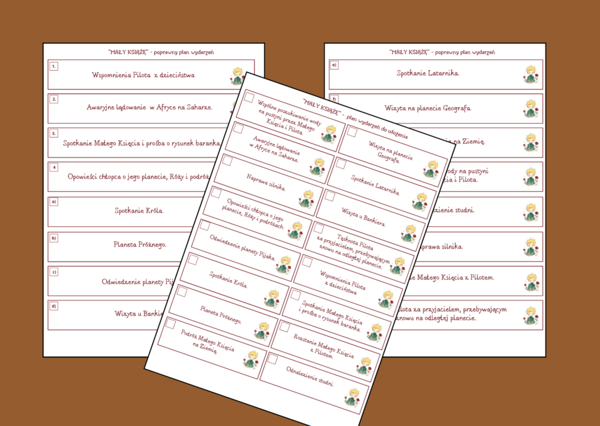 "MAŁY KSIĄŻĘ" – plan wydarzeń – fiszki – 3 wersje - egzamin - lektury 7-8