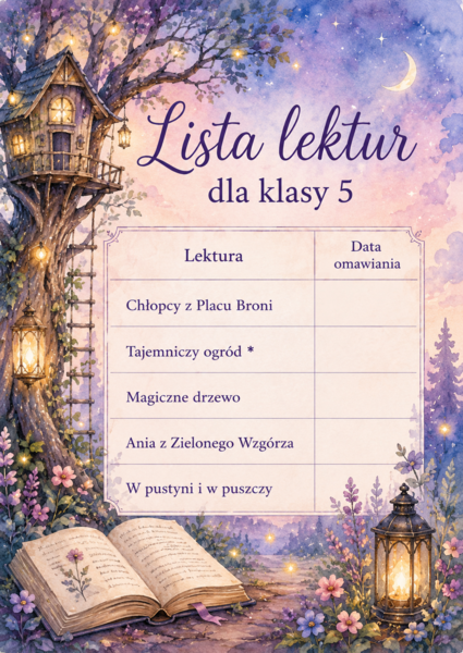 Lista lektur do klasy 5 (różne wersje) kolorowe
