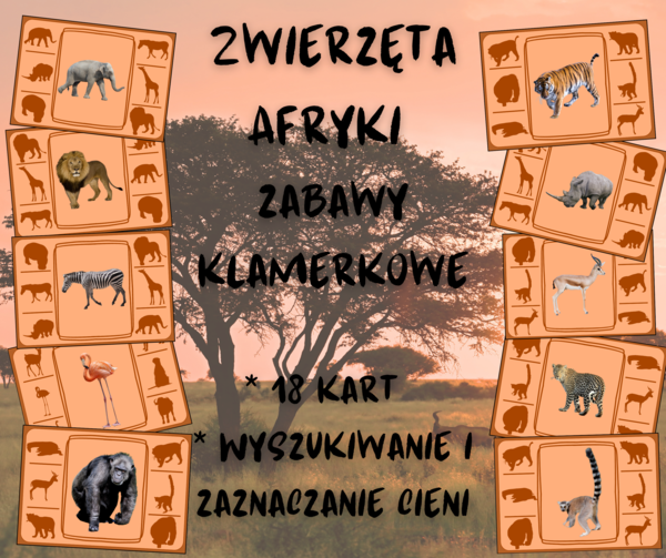 Zwierzęta Afryki zabawy klamerkowe CIENIE