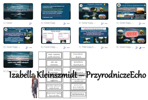 Scenariusz lekcji „Ukształtowanie terenu” w formie prezentacji multimedialnej w genial.ly + nazwy form terenu i nazwy budowy wzniesienia i doliny do zalaminowania i zrobienia chorągiewek w pdf. Przyroda 4, „Poznajemy krajobraz najbliższej okolicy”