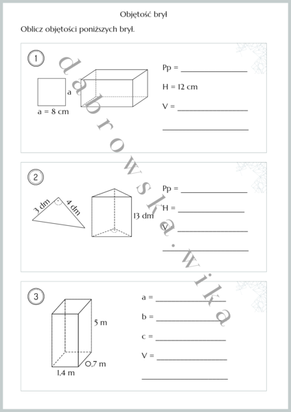 Objętość brył - karta pracy