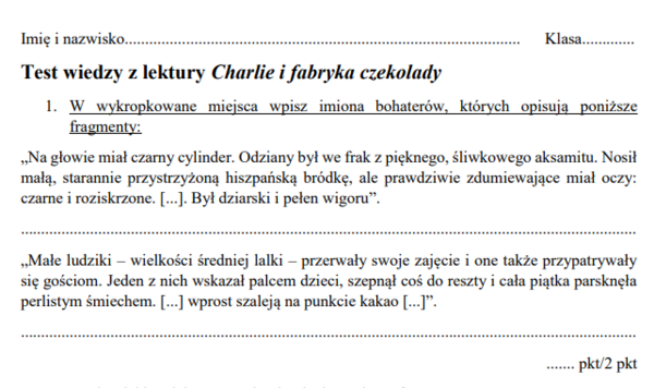 Test wiedzy z lektury "Charlie i fabryka czekolady"