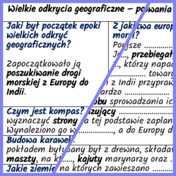 Wielkie odkrycia geograficzne – początek, uwarunkowania i przebieg: notatki i karta pracy