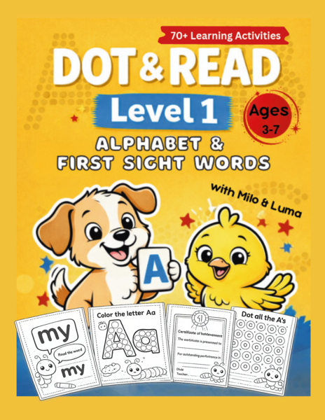 Dot & Read Level 1 – alfabet angielski i pierwsze sight words | 81 stron PDF | 3–7 lat