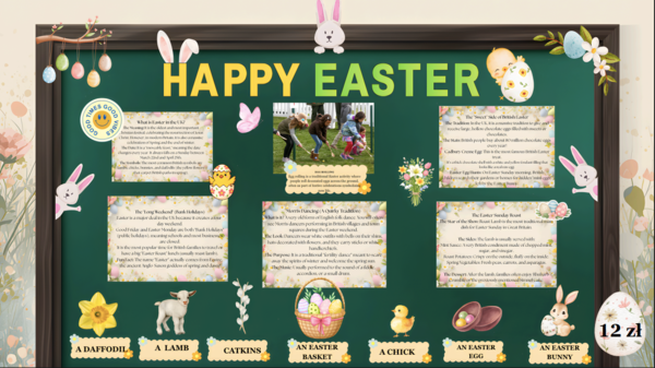 Happy Easter  kolorowa i edukacyjna gazetka po angielsku| Łatwa w przygotowaniu| 40 stron do druku w formacie A4| Idealna jako wiosenna  ozdoba klasy lub korytarza