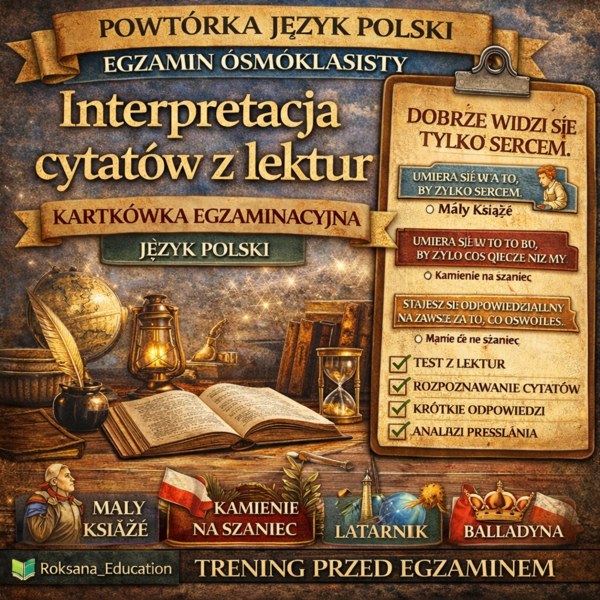 📚 Interpretacja cytatów z lektur – kartkówka egzaminacyjna | powtórka przed egzaminem ósmoklasisty (15 zadań)
