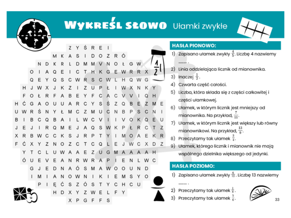 Matematyczna wykreślanka dla klasy czwartej. Ułamki zwykłe.