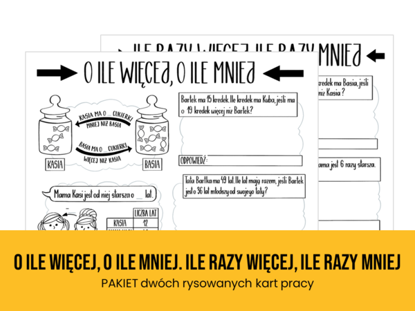 Matematyka. Pakiet rysowanych kart pracy. O ile więcej, o ile mniej. Ile razy więcej, ile razy mniej.
