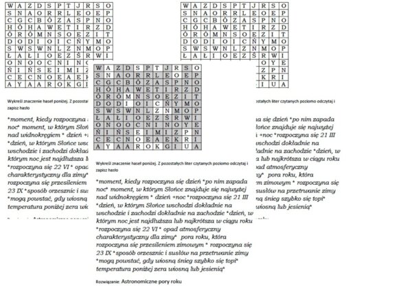 Wykreślanka dla klasy 4 na podsumowanie lekcji o "wędrówce" Słońca po niebie i porach roku