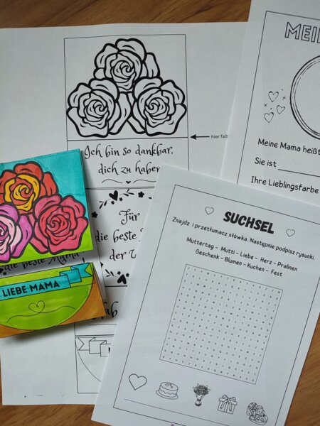Język niemiecki - Meine Mama/ Muttertag - karta pracy plus kartka dla mamy