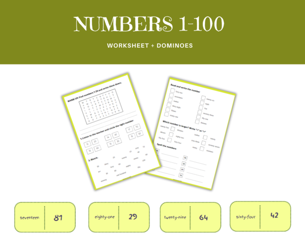 Numbers 1-100 Worksheet - liczby 1-100 po angielsku, karty pracy, ćwiczenia. Dodatkowo gra domino