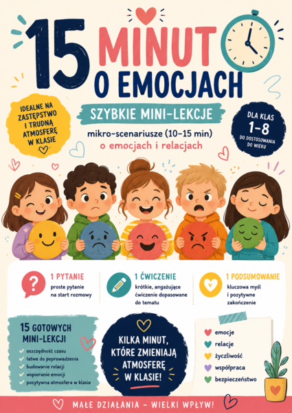 Mini-lekcje o emocjach i relacjach TUS – 15 gotowych scenariuszy dla klas 1–8