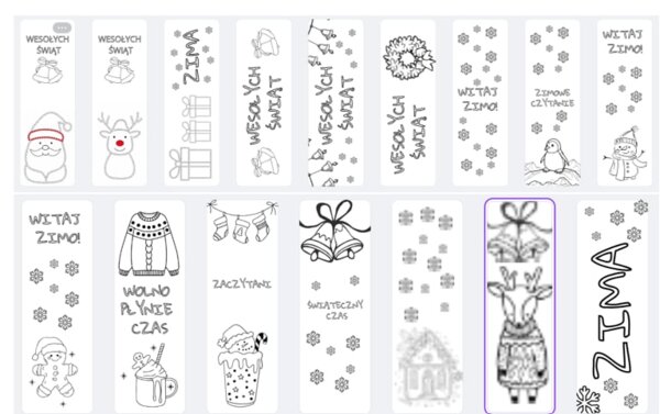 Zimowe i świąteczne zakładki do książek do pokolorowania