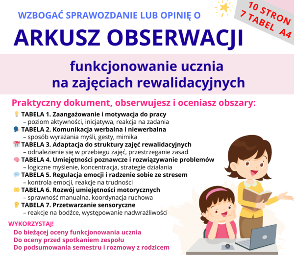 Arkusze obserwacji ucznia - ocena funkcjonowania ZAJĘCIA REWALIDACYJNE pomoc do sprawozdania