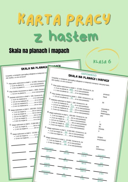 Skala na planach i mapach, klasa 6, karta pracy z hasłem