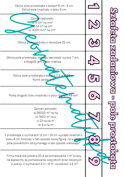 Sztafeta matematyczna – Pole prostokąta, pole kwadratu, jednostki powierzchni.