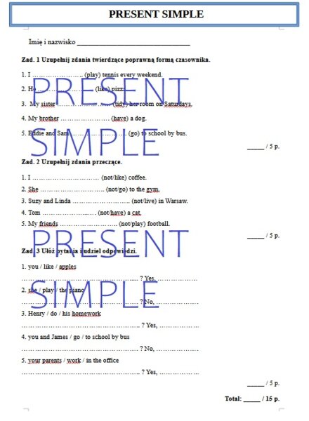 Present Simple - kartkówka - test - karta pracy klucz odpowiedzi - klasa 4, 5