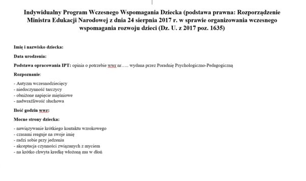 Indywidualny program Wczesnego Wspomagania Rozwoju Dziecka