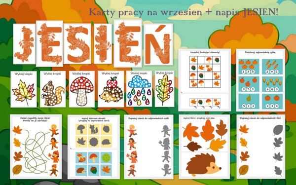 Karty pracy na wrzesień - jesienne (jpg i pdf) plus napis jesień w formacie pdf