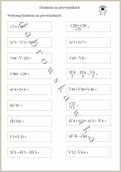 Działania na pierwiastkach - karta pracy