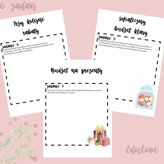 Świąteczne procenty – rabaty, budżet i zakupy: zestaw 6 zadań dla klas 6–8 EduLove