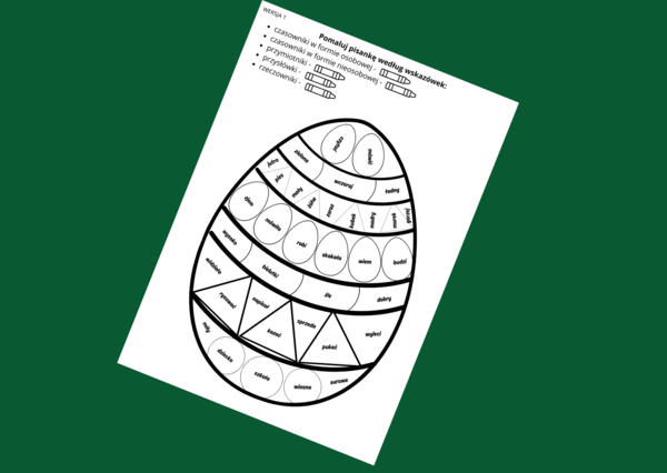 WIELKANOCNA kolorowanka gramatyczna wersja 1 - Wielkanoc - gramatyka - części mowy - czasownik - rzeczownik - przymiotnik - przysłówek