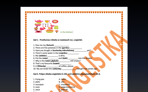 In the kitchen - ćwiczenia związane z kuchnią i gotowaniem+ klucz