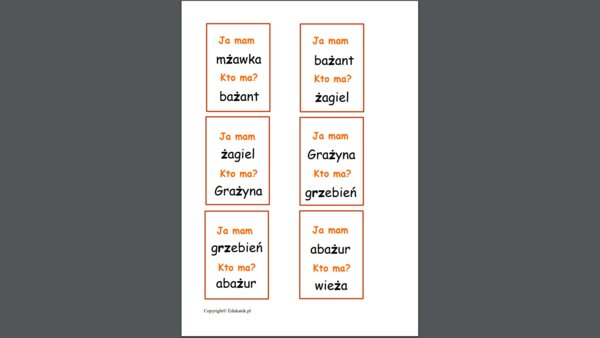 Zestaw kart typu kto ma, ja mam – głoski szumiące