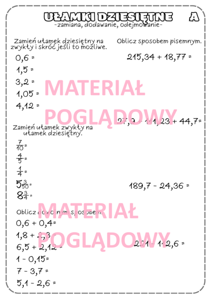 Ułamki dziesiętne - zamiana ułamków, dodawanie i odejmowanie. Karta pracy/kartkówka klasa 4,5